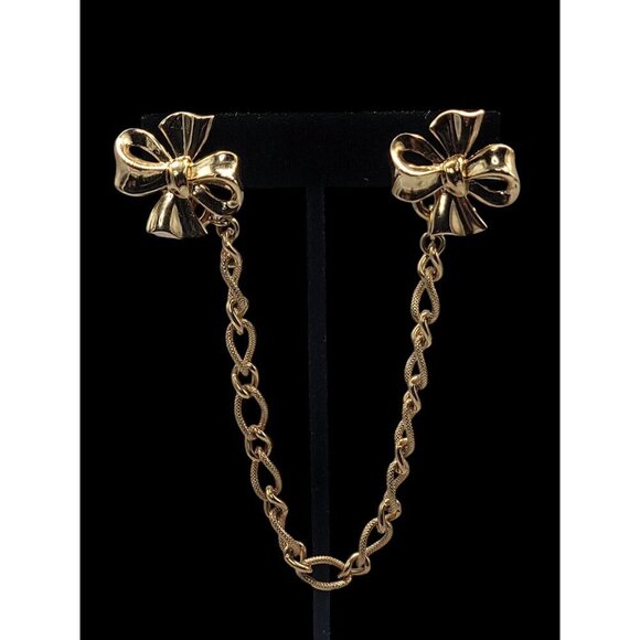 Crown Trifari Sweater Clips Pin Double Bows Detachable Chain Vintage Gold Tone - Picture 1 of 16